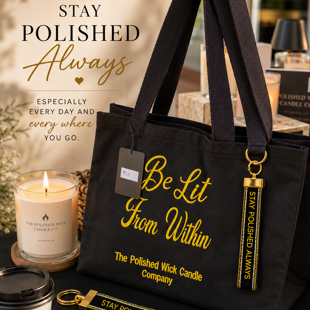 Black tote bag with 'Be Lit From Within' text, candle, and keychain on a dark surface.