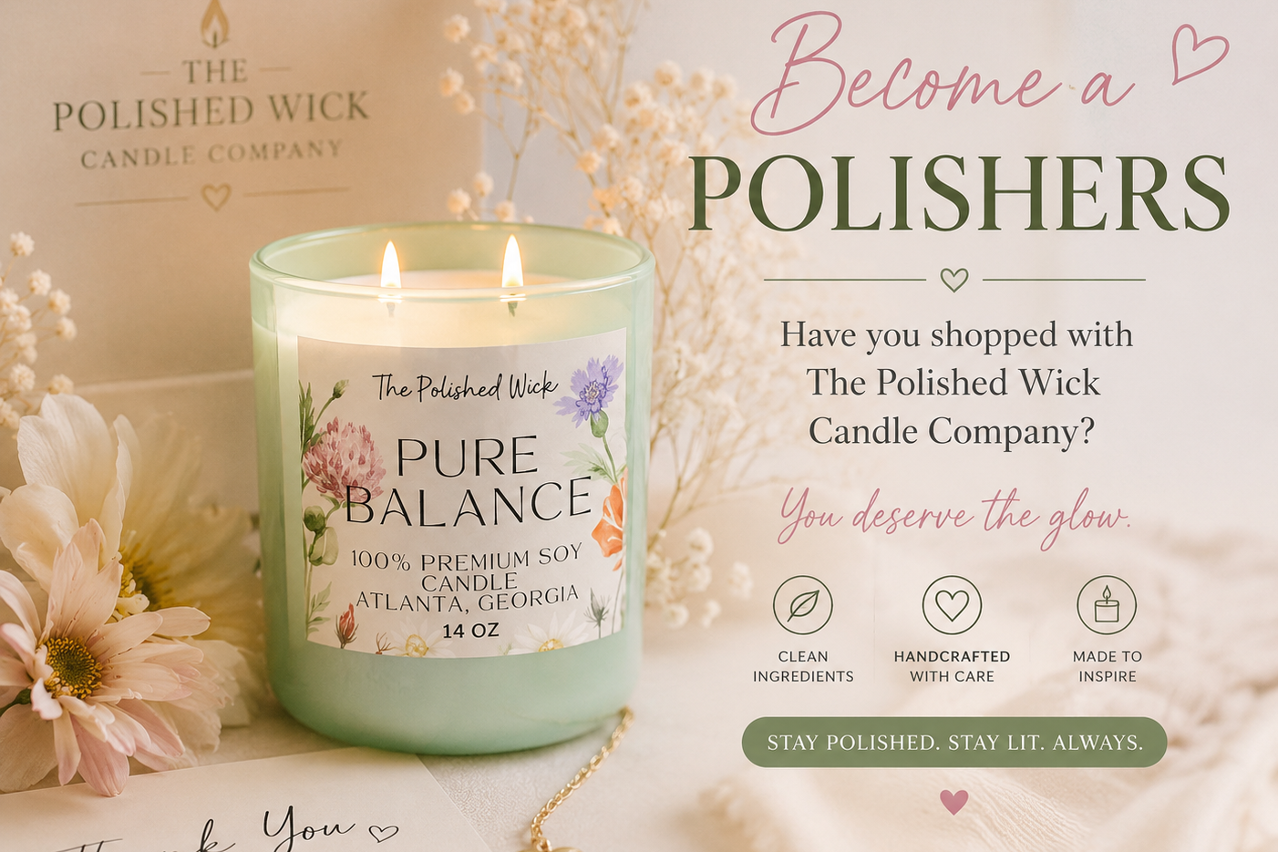 Candle with 'The Polished Wick Candle Company' branding on a light background with flowers and text.