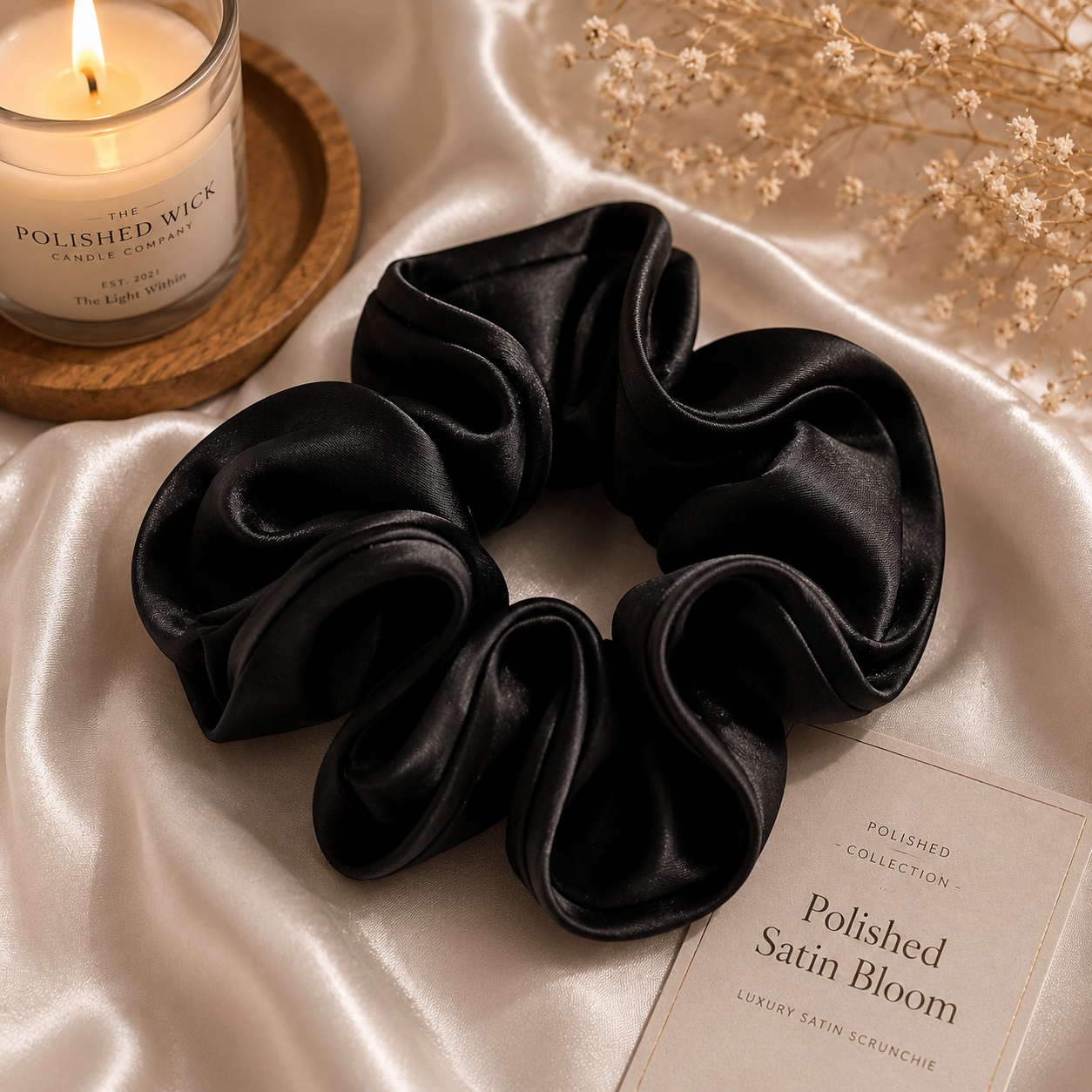 Black satin scrunchies on a satin surface with a candle and flowers in the background.