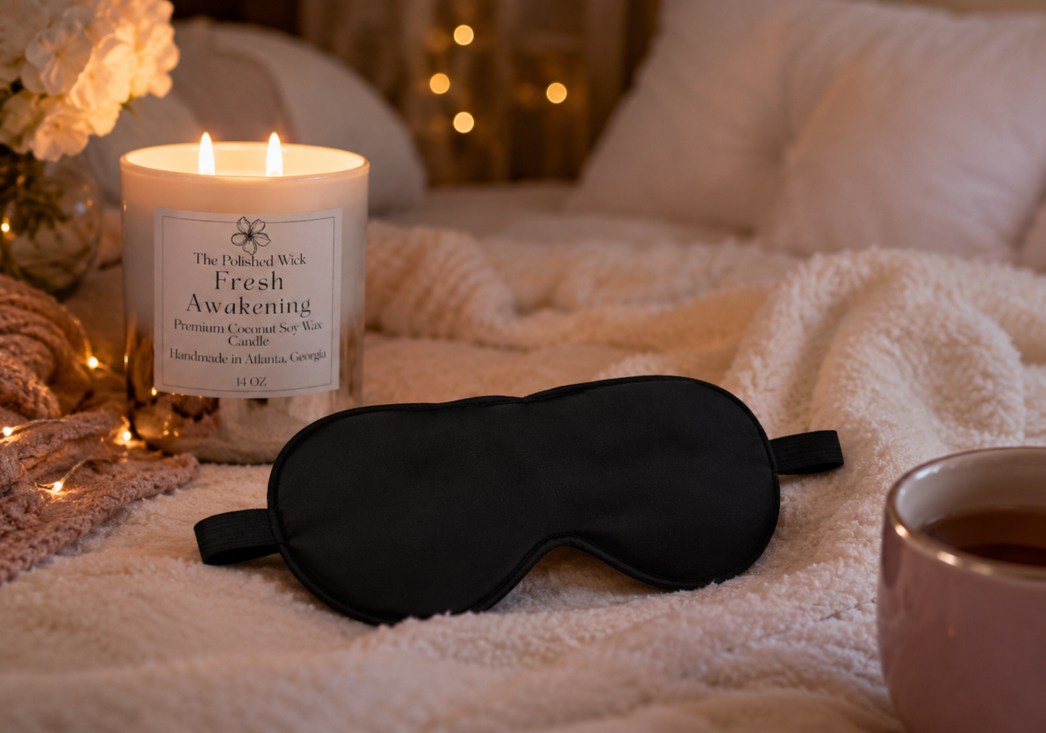 Candle labeled 'Fresh Awakening' next to a black sleep mask on a soft surface with warm lighting.