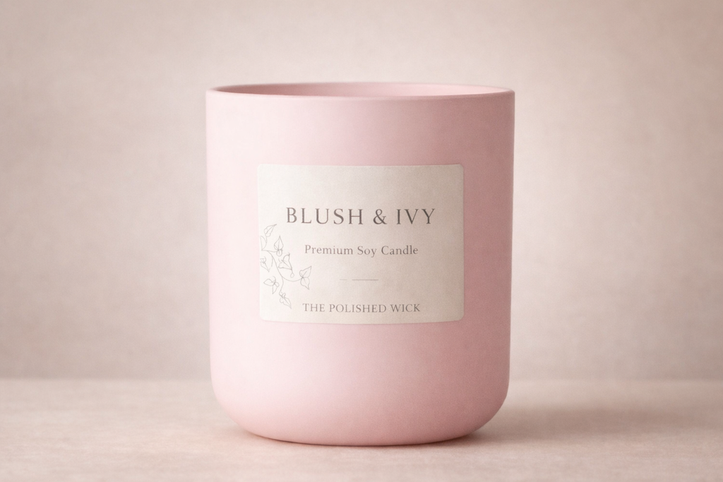 Pink candle with 'Blush & Ivy' label on a beige background