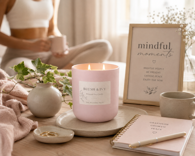 Pink candle on a table with a notebook, mug, and decorative items.
