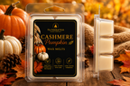 The Polished Wick Cashmere Pumpkin Wax Melts in a clear clamshell package, shown next to an open three-compartment wax melt tray. The scene is styled with autumn pumpkins, pinecones, and fall leaves on a rustic wooden surface.
