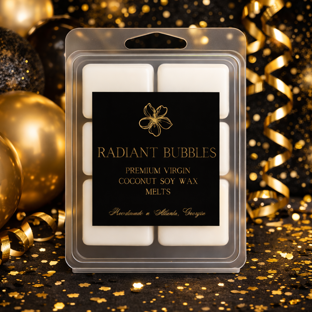 Pack of 'Radiant Bubbles' wax melts with a decorative background