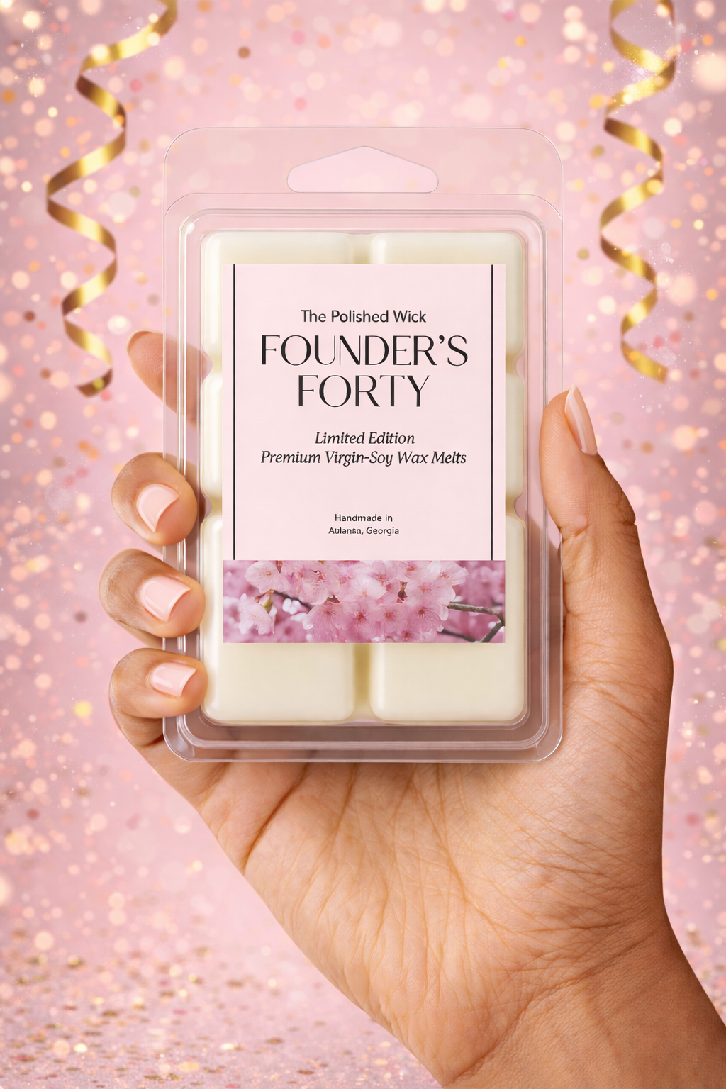 Hand holding a wax melt package labeled 'Founder's Forty' against a pink background with gold ribbons.