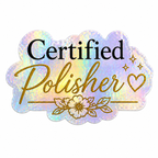 Holographic sticker with 'Certified Polisher' text and decorative elements on a white background