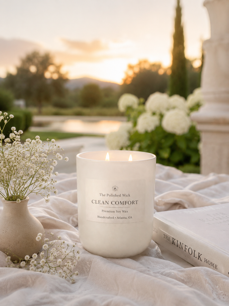 Candle labeled 'Clean Comfort' on a blanket with flowers and a scenic background