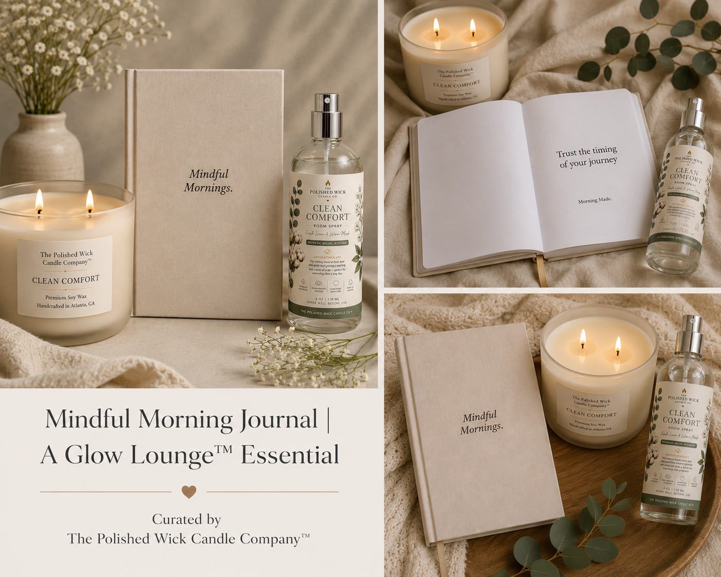 Collage of candles, journal, and Room Sprays with 'Mindful Mornings' branding.