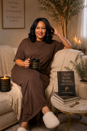 Woman in a brown dress sitting on a couch with candles and books in a cozy room.