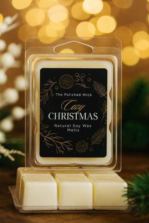 Pack of 'Cozy Christmas' wax melts with a decorative label on a blurred festive background.