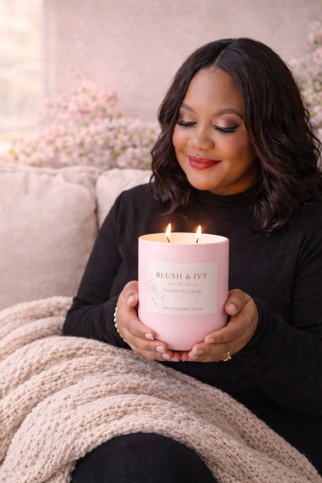 Woman holding a pink candle labeled 'Blush & Ivy' in a cozy setting.