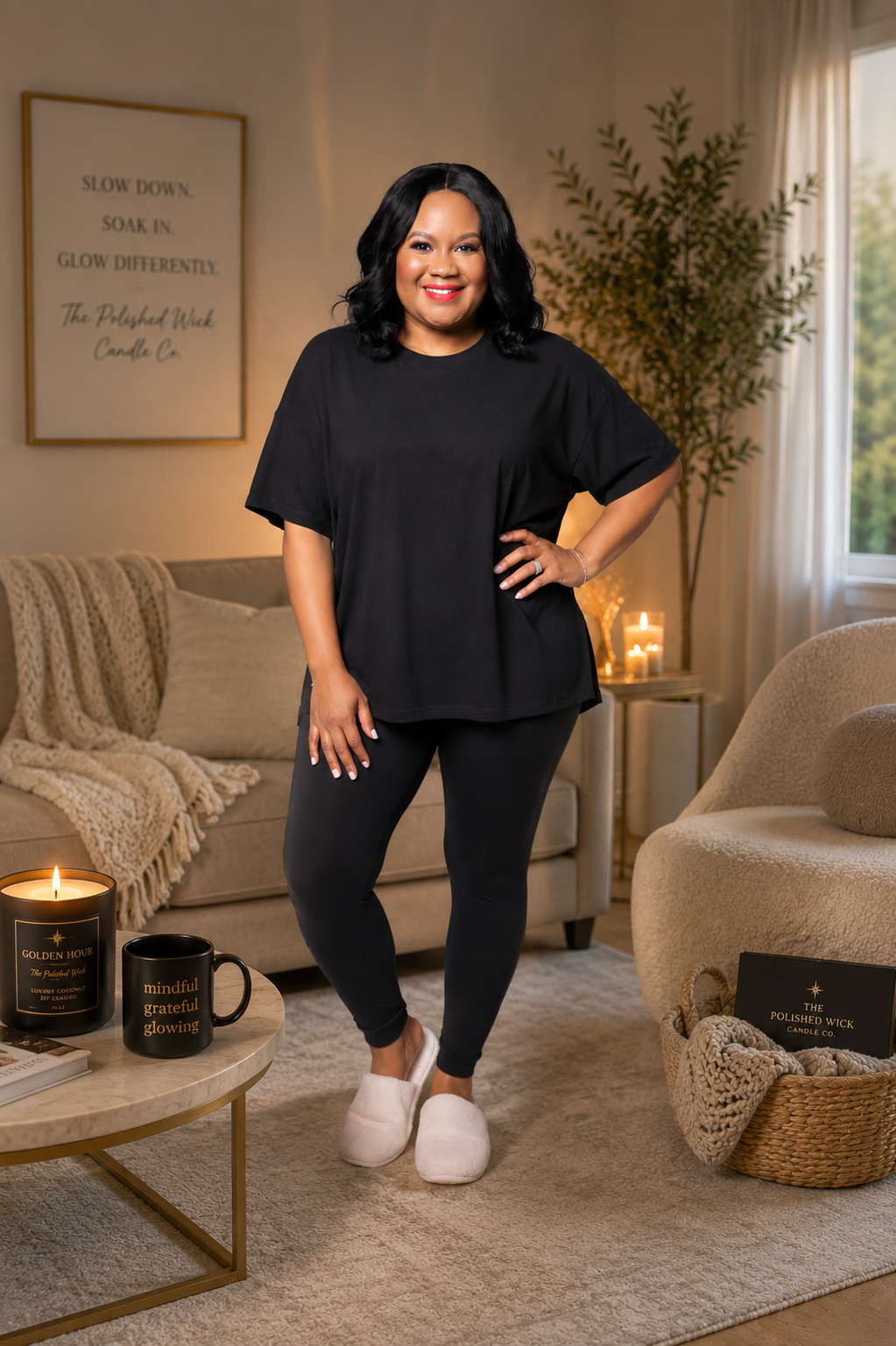 Woman in black outfit standing in a cozy living room with candles and decor.