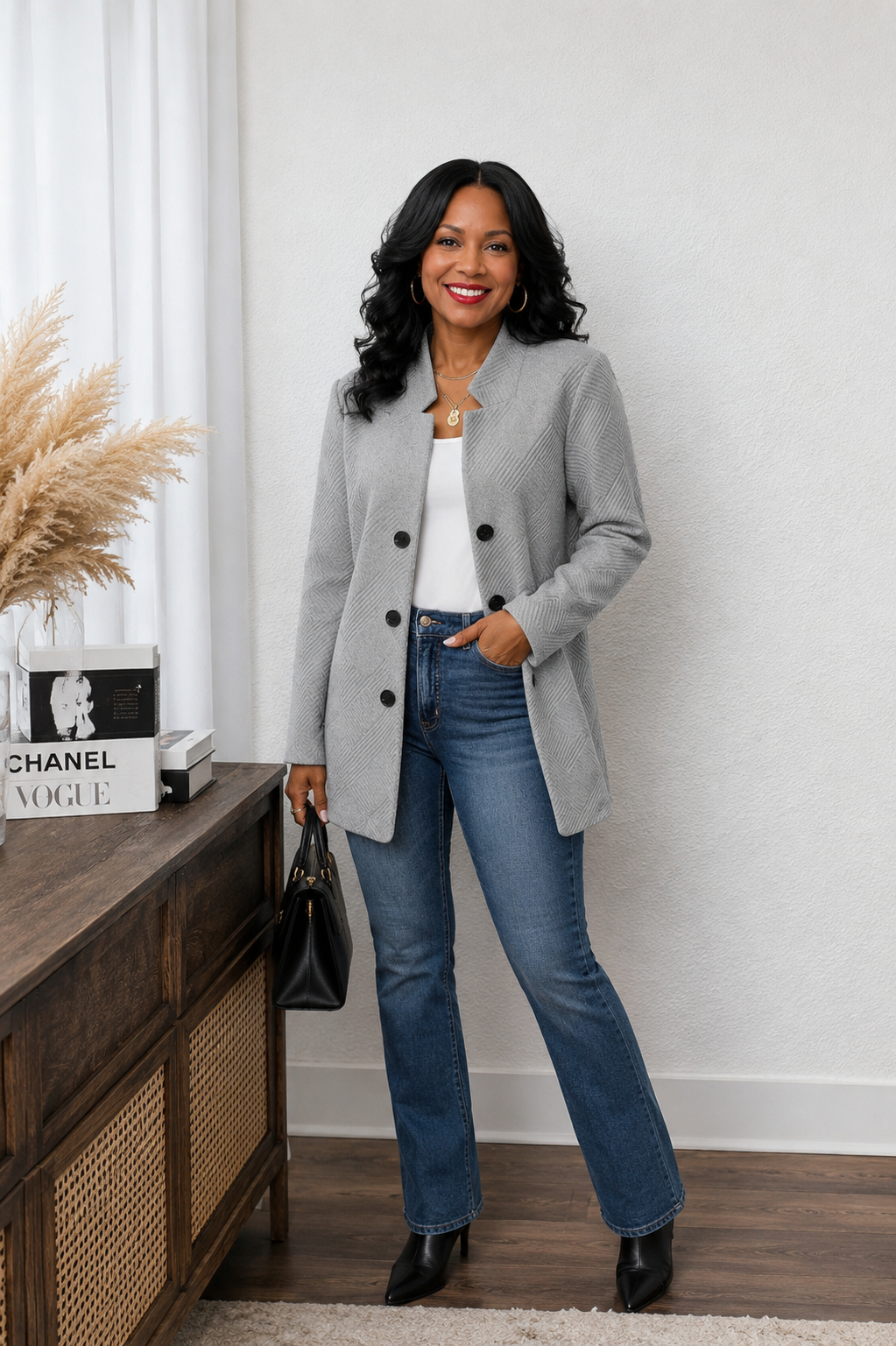 A woman stands indoors wearing a light gray double-breasted blazer over a white top, blue jeans, and black ankle boots, holding a black handbag. A wooden sideboard with decorative books and dried grass is visible on the left, against a white wall.