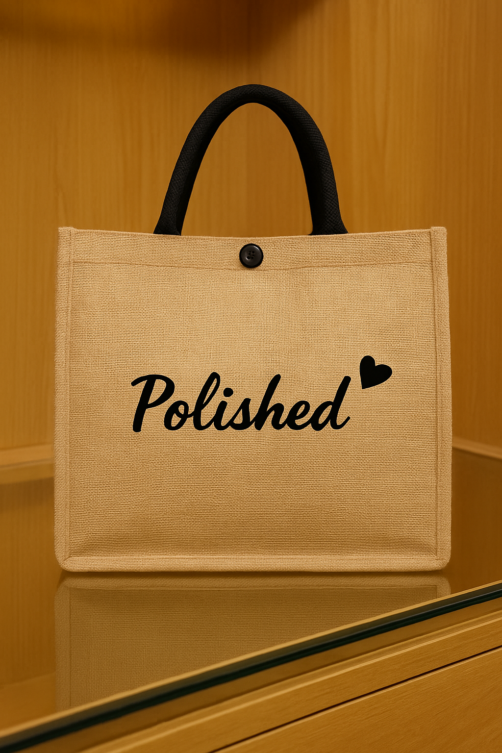 Beige tote bag with 'Polished' text on a wooden surface