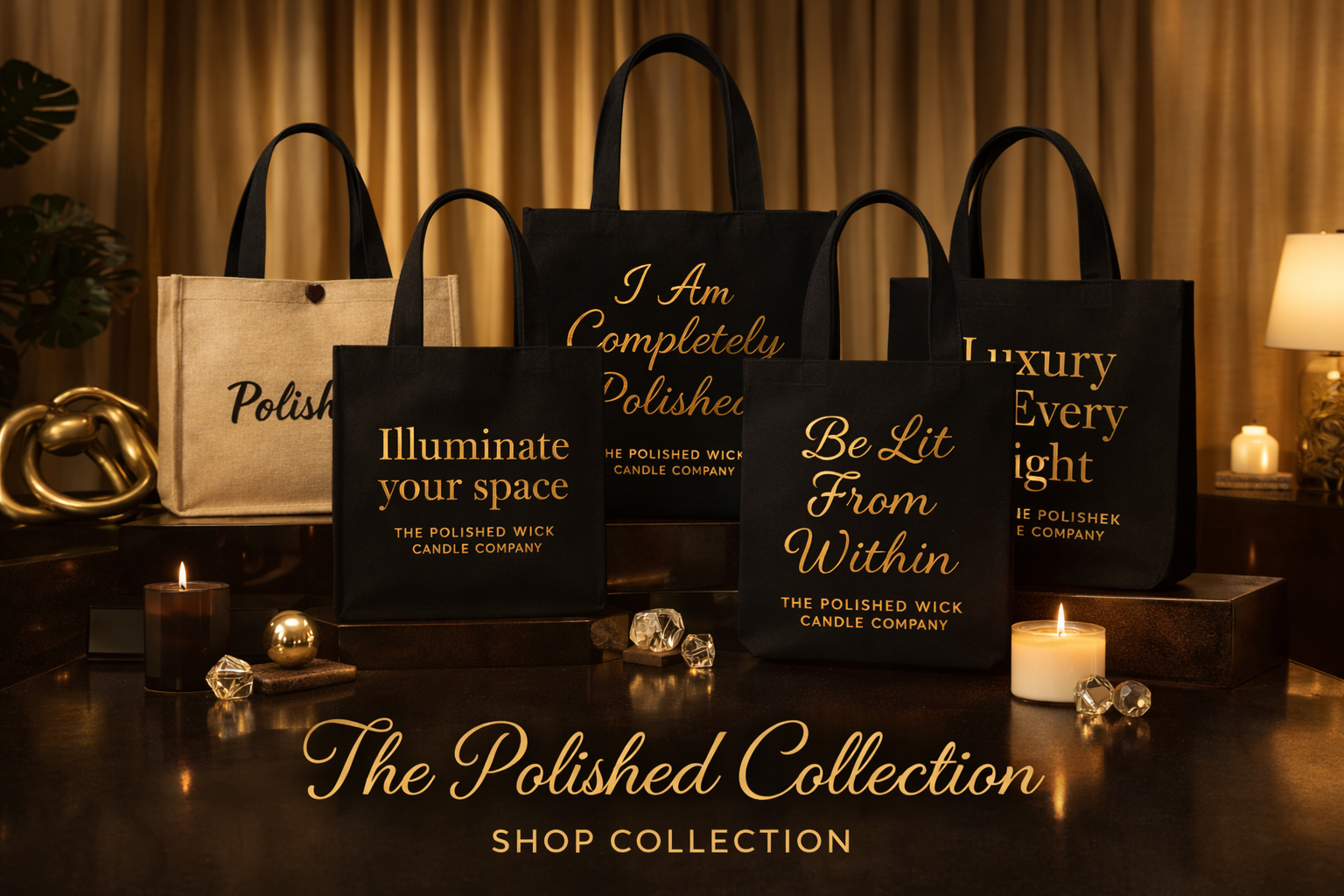 Collection of 'The Polished Collection' bags with text on a dark surface.