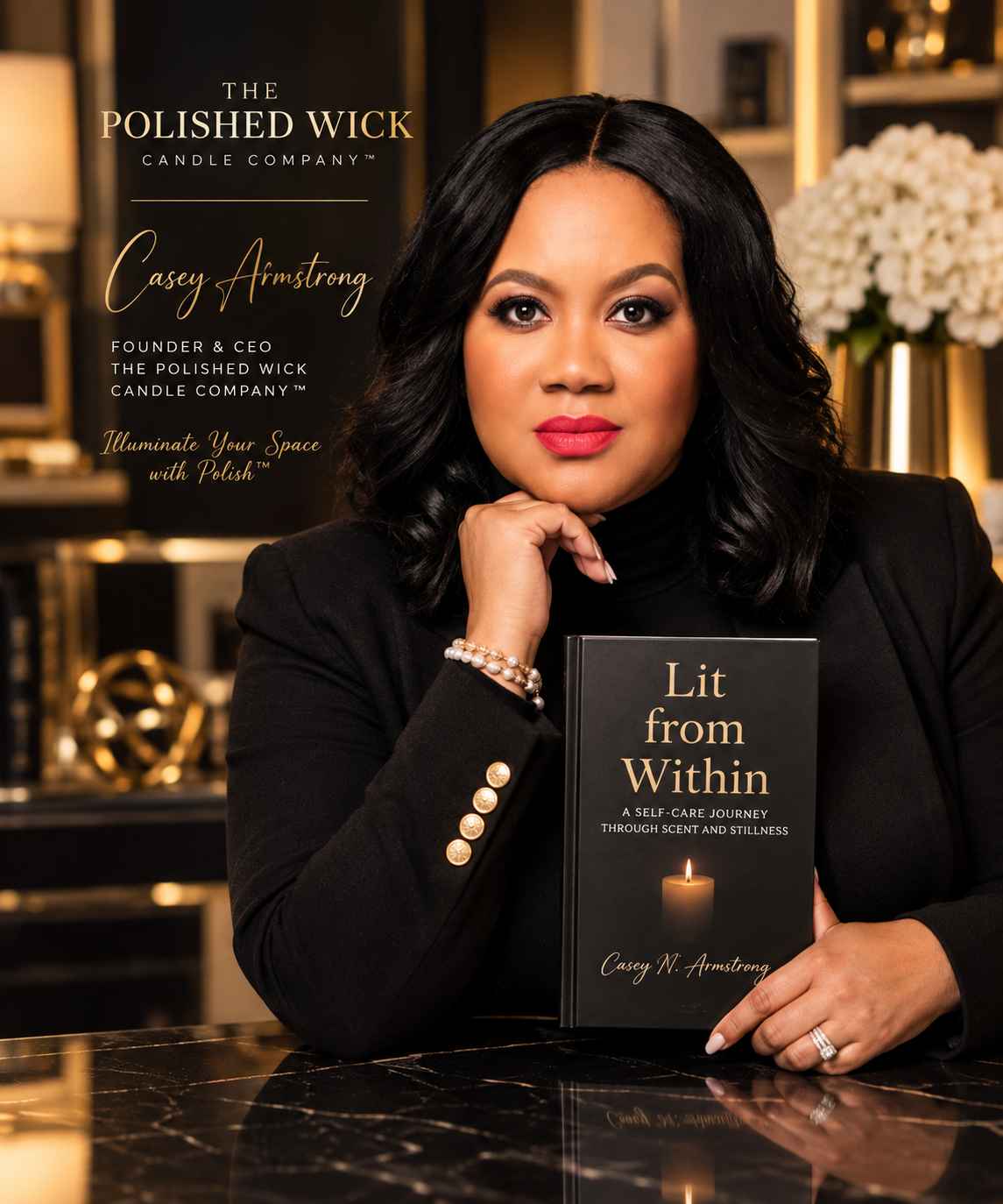 A woman in a black blazer holds a black book titled "Lit from Within" by Casey Armstrong, with promotional text for The Polished Wick Candle Company on the left side of the image.