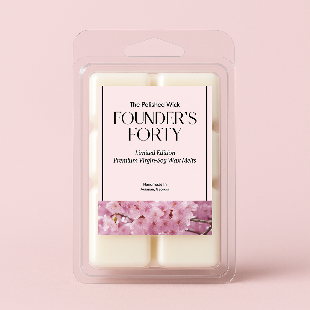 Pack of 'Founder's Forty' wax melts with cherry blossom design on a pink background