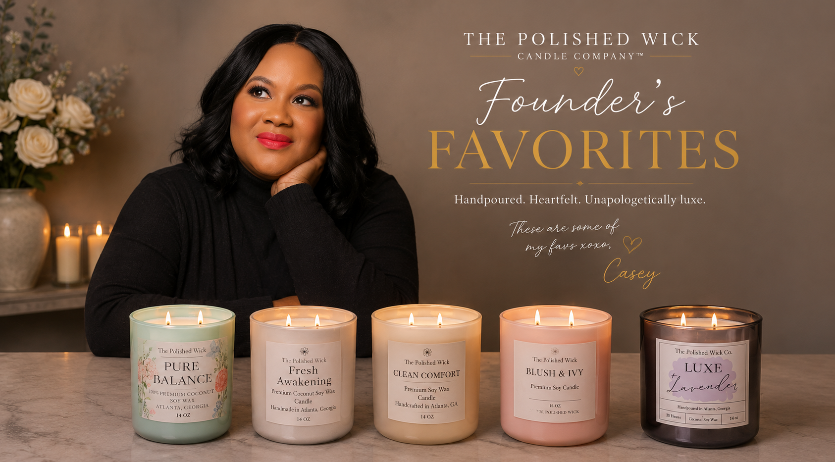 Woman with candles and 'The Polished Wick Candle Company' branding