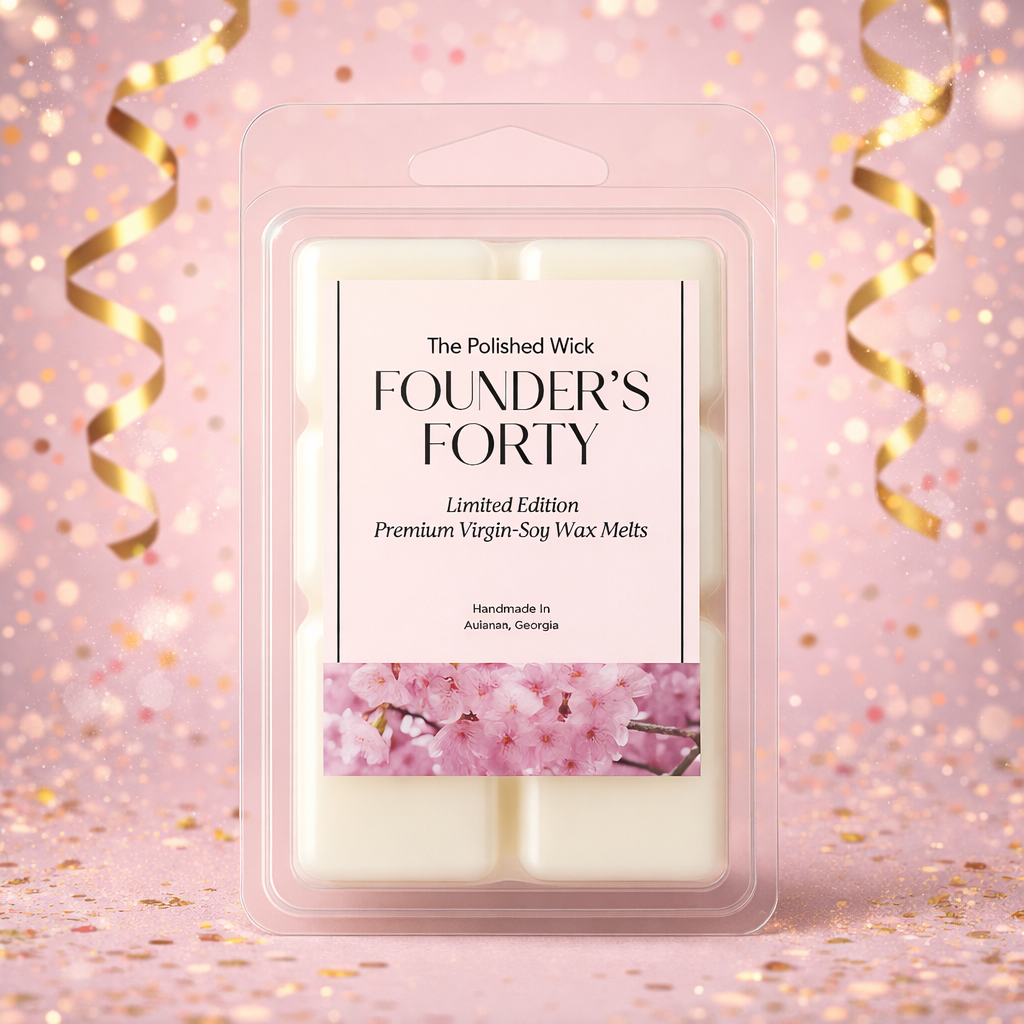 Packaged wax melts with 'The Polished Wick' branding on a pink background with gold ribbons.