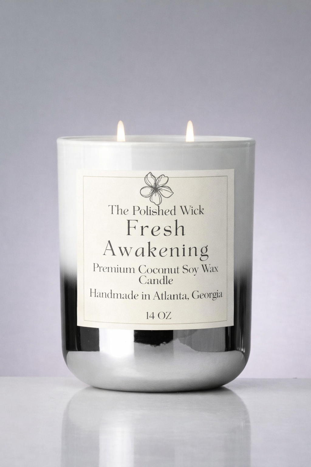 Candle with a label on a gray background
