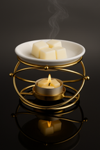 A gold essential oil burner with a lit candle and white ceramic plate holding wax cubes on a dark background.