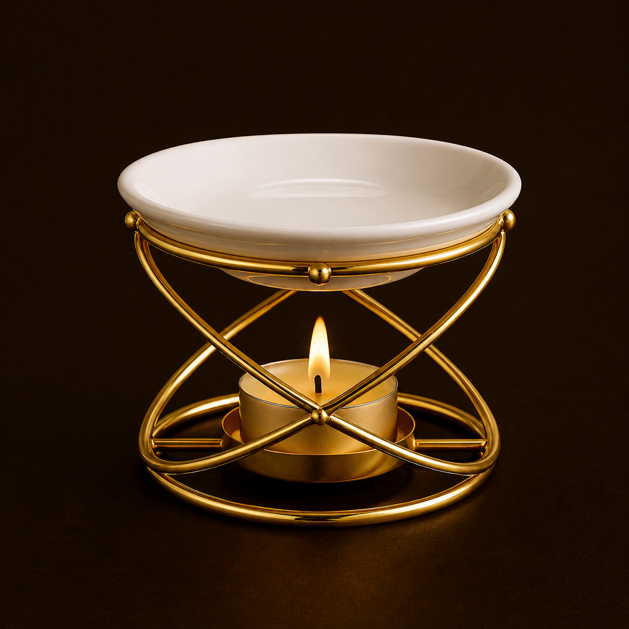 Gold candle holder with a white dish on a dark background