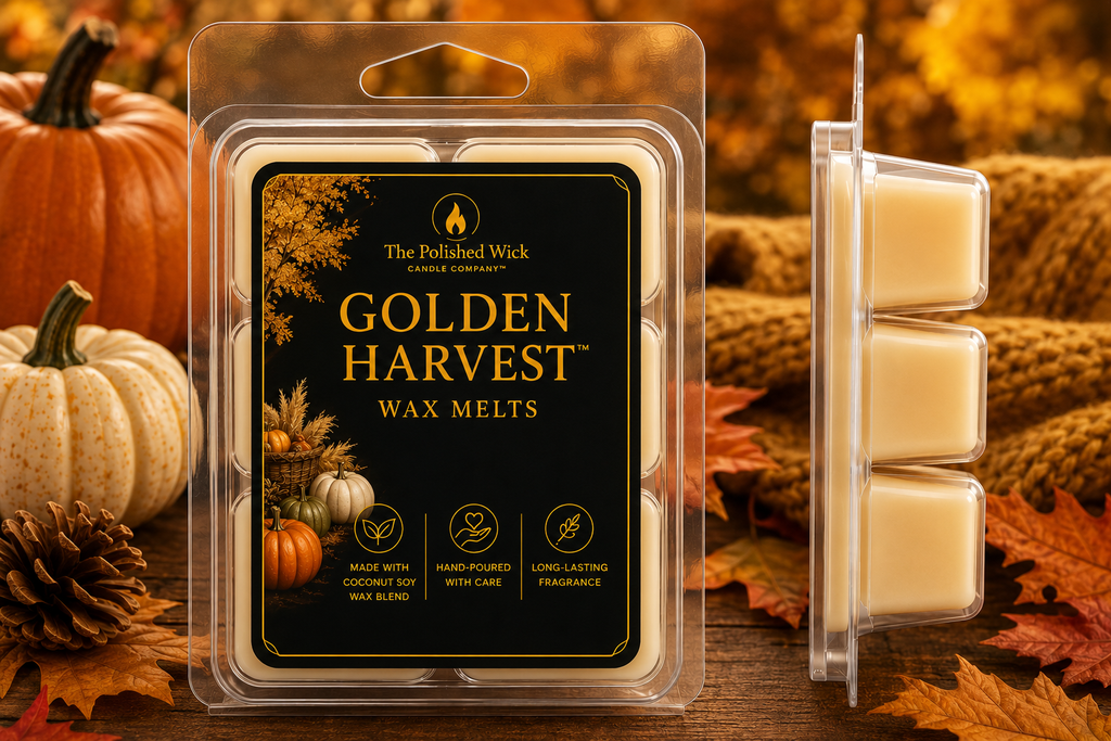 The Polished Wick Candle Company Golden Harvest Wax Melts shown in a clear clamshell package with a black and gold label, alongside an open pack of three cream-colored wax melts, set against a cozy autumn background with pumpkins, leaves, and a knitted blanket.