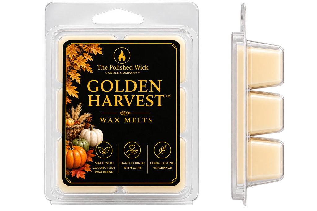 The Polished Wick Candle Company Golden Harvest Wax Melts, showing the retail blister pack on the left and a side profile of the three individual cream-colored wax melts in a clear container on the right.