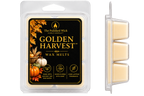 The Polished Wick Candle Company Golden Harvest Wax Melts, showing the retail blister pack on the left and a side profile of the three individual cream-colored wax melts in a clear container on the right.