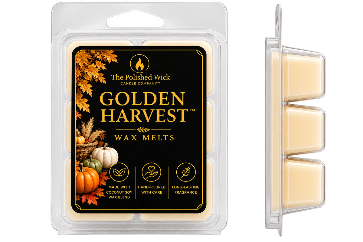 The Polished Wick Candle Company Golden Harvest Wax Melts, showing the retail blister pack on the left and a side profile of the three individual cream-colored wax melts in a clear container on the right.