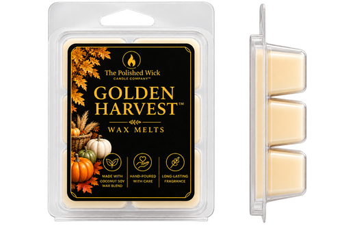 The Polished Wick Candle Company Golden Harvest Wax Melts, showing the retail blister pack on the left and a side profile of the three individual cream-colored wax melts in a clear container on the right.