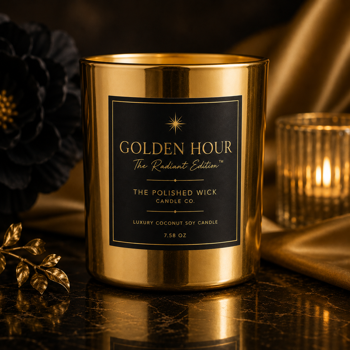 Gold candle sitting in a elegant background 