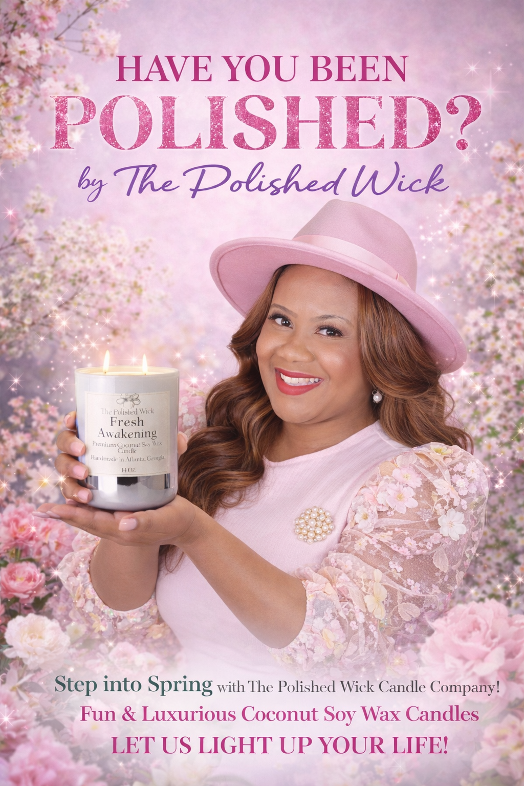 Woman holding a candle with text about 'The Polished Wick' candle company against a floral background.