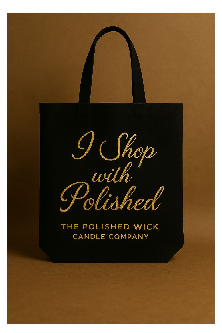 Black tote bag with gold text on a brown background