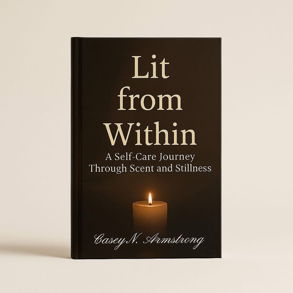 Book titled 'Lit from Within' with a candle illustration on a beige background