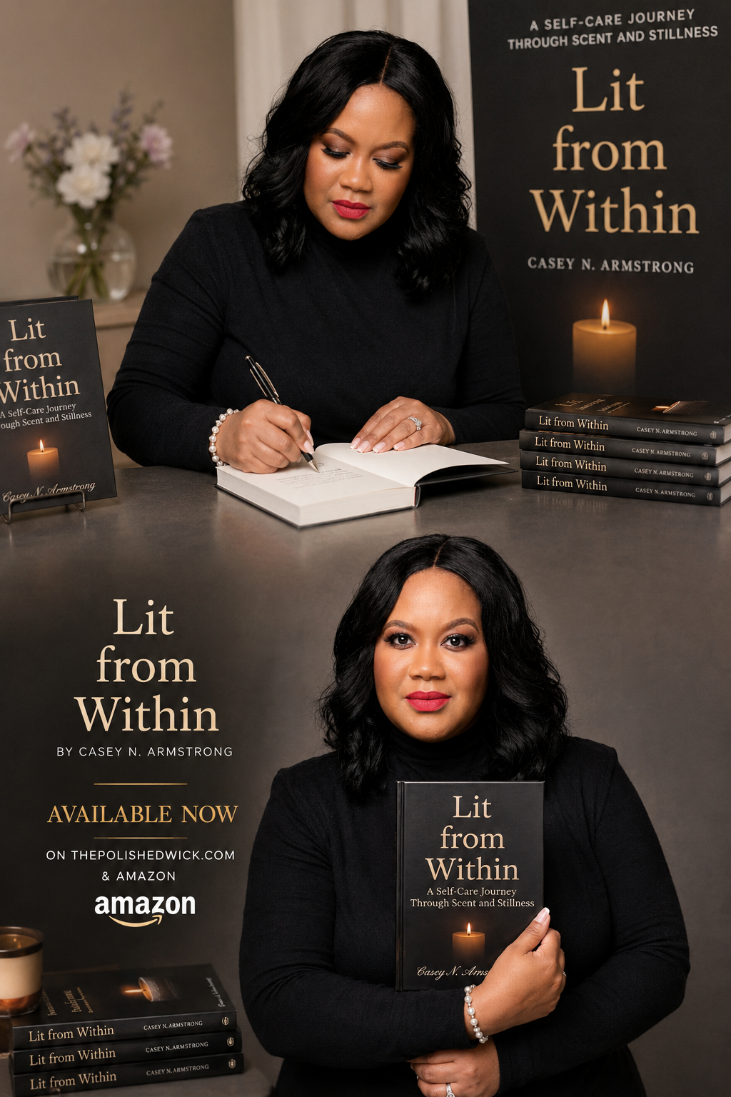 Woman signing a book with 'Lit from Within' branding in the background