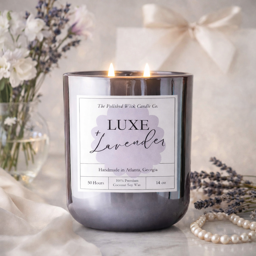 LUXE Lavender candle with a label on a decorative background with flowers and pearls.