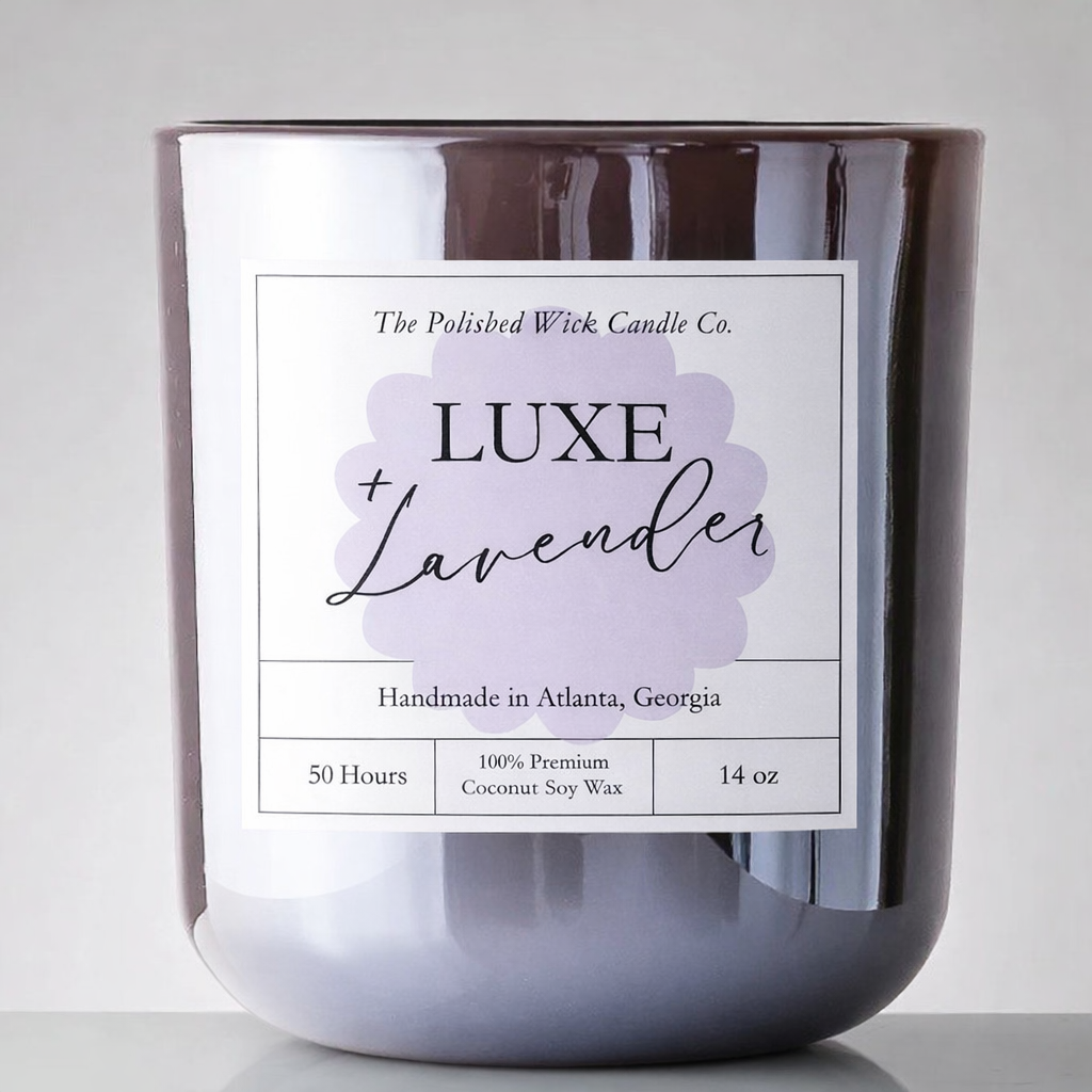 Candle with a label reading 'LUXE + Lavender' from The Polished Wick Candle Co.