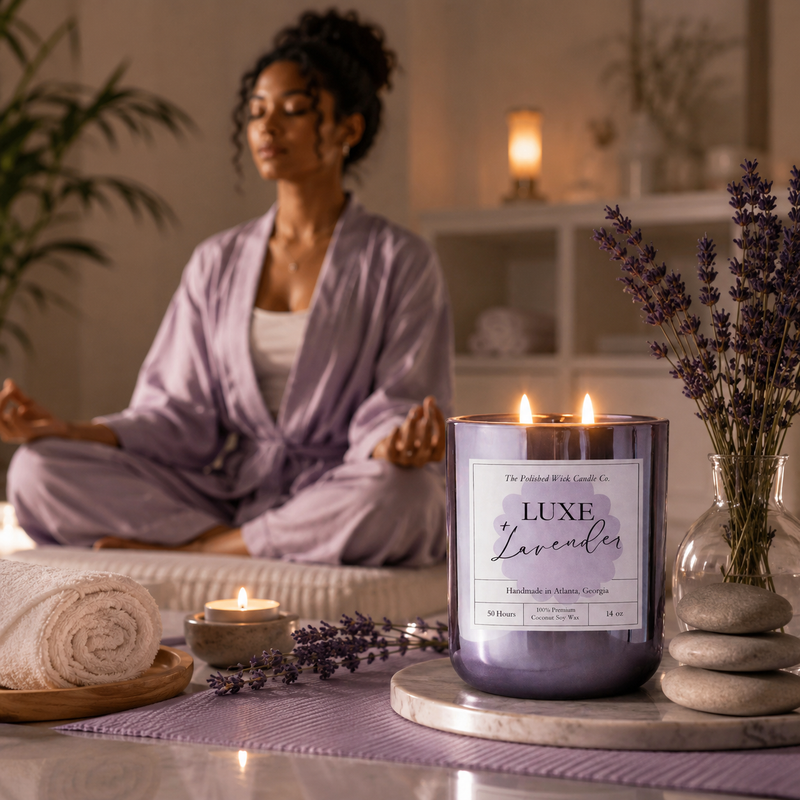 Woman in a robe meditating with a 'LUXE Lavender' candle and lavender flowers in a room.