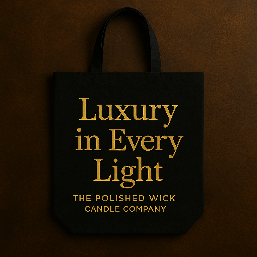 Black tote bag with 'Luxury in Every Light' text and 'The Polished Wick Candle Company' on a dark background