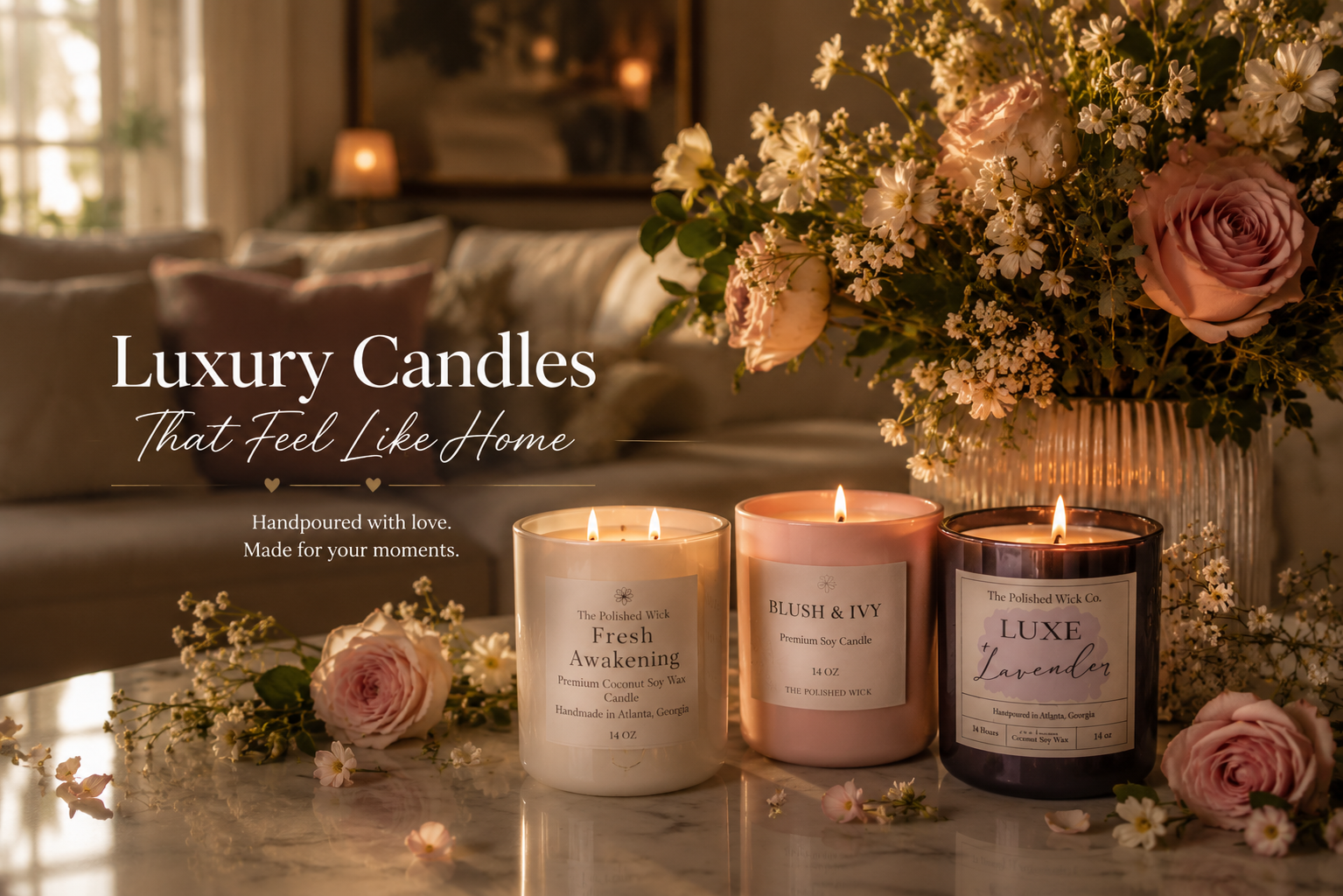 Three lit candles on a table with flowers and text about luxury candles.