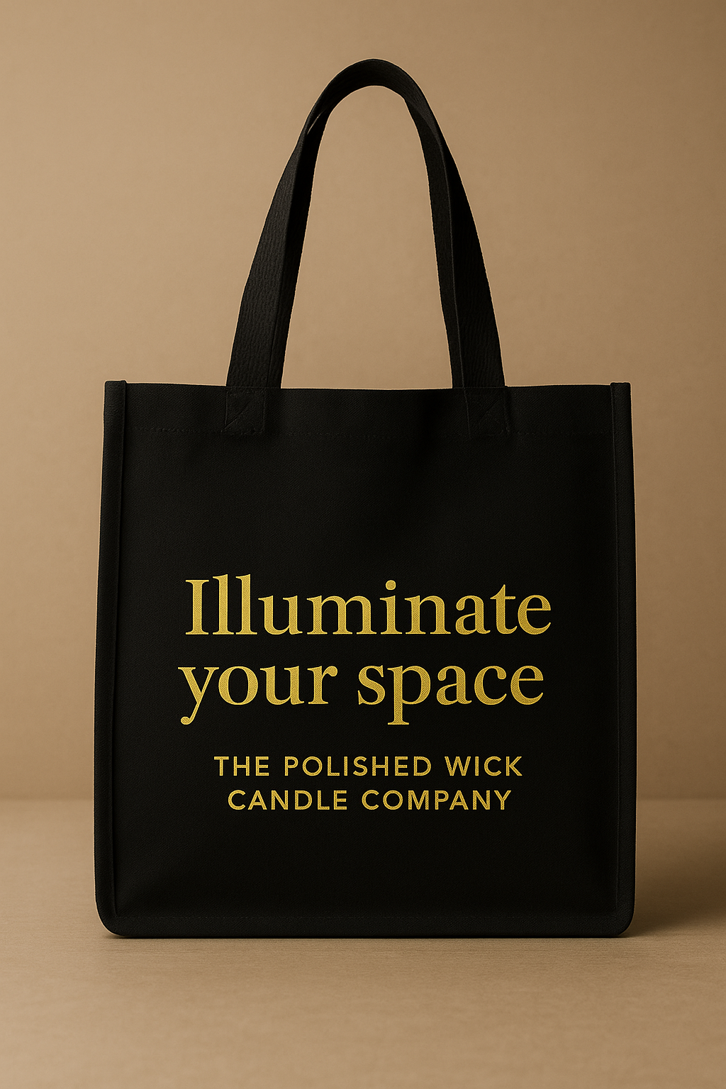 Black tote bag with gold text on a beige background