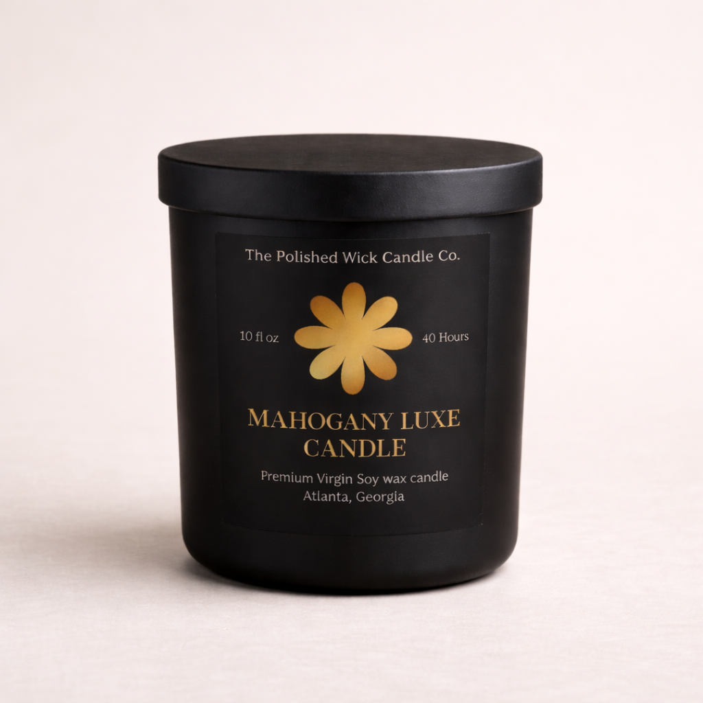 Black candle jar with gold label featuring 'The Polished Wick Candle Co.' on a light beige background