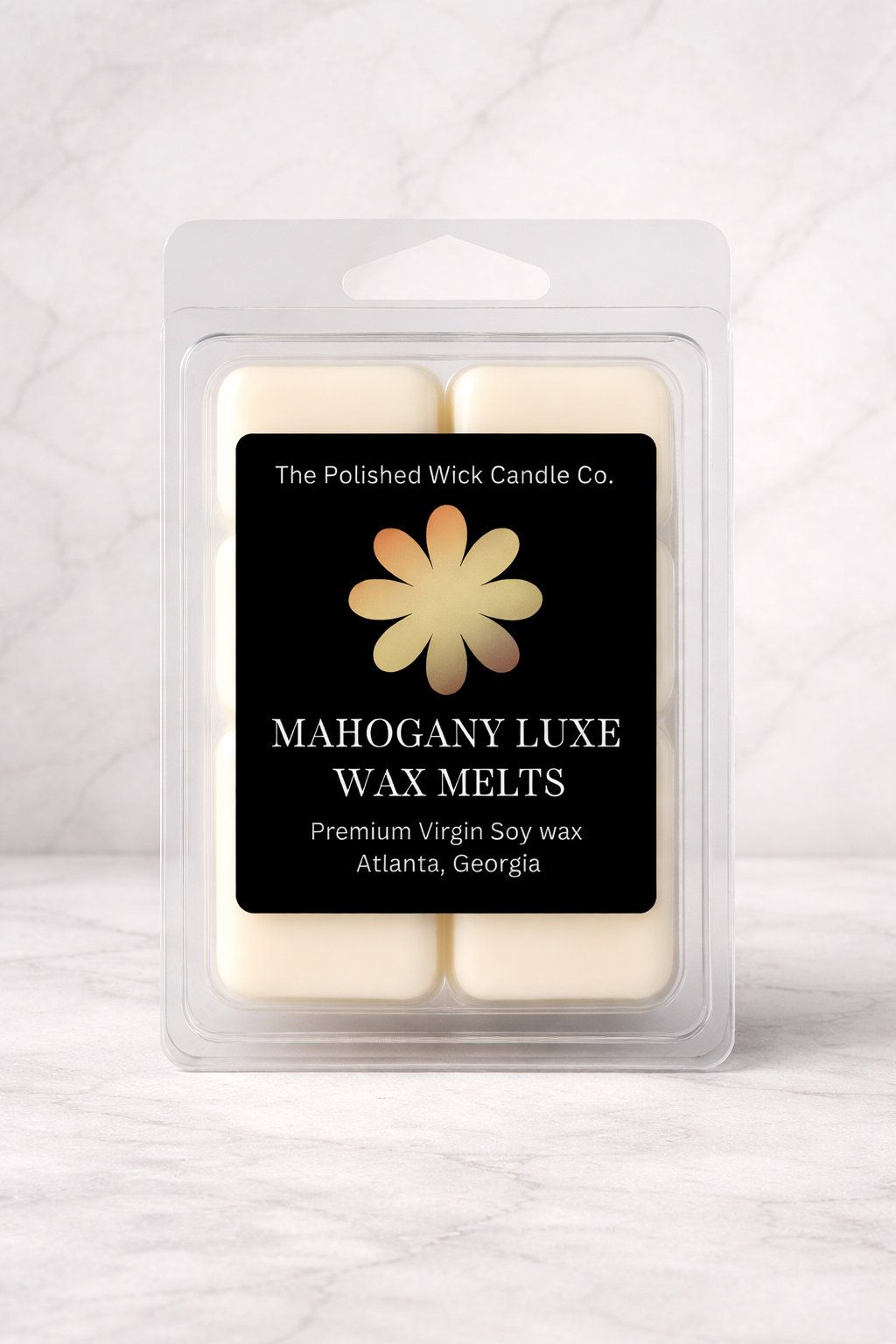Pack of Mahogany Luxe wax melts from The Polished Wick Candle Co. on a light gray background