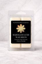 Pack of Mahogany Luxe wax melts from The Polished Wick Candle Co. on a light gray background