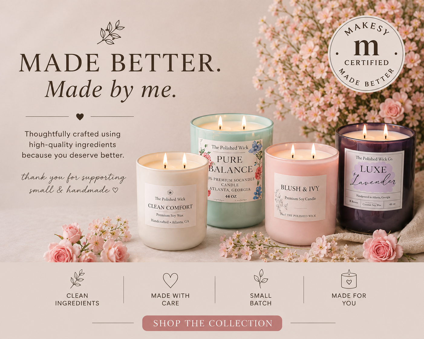 Four candles with labels on a light background with flowers and text about product features.