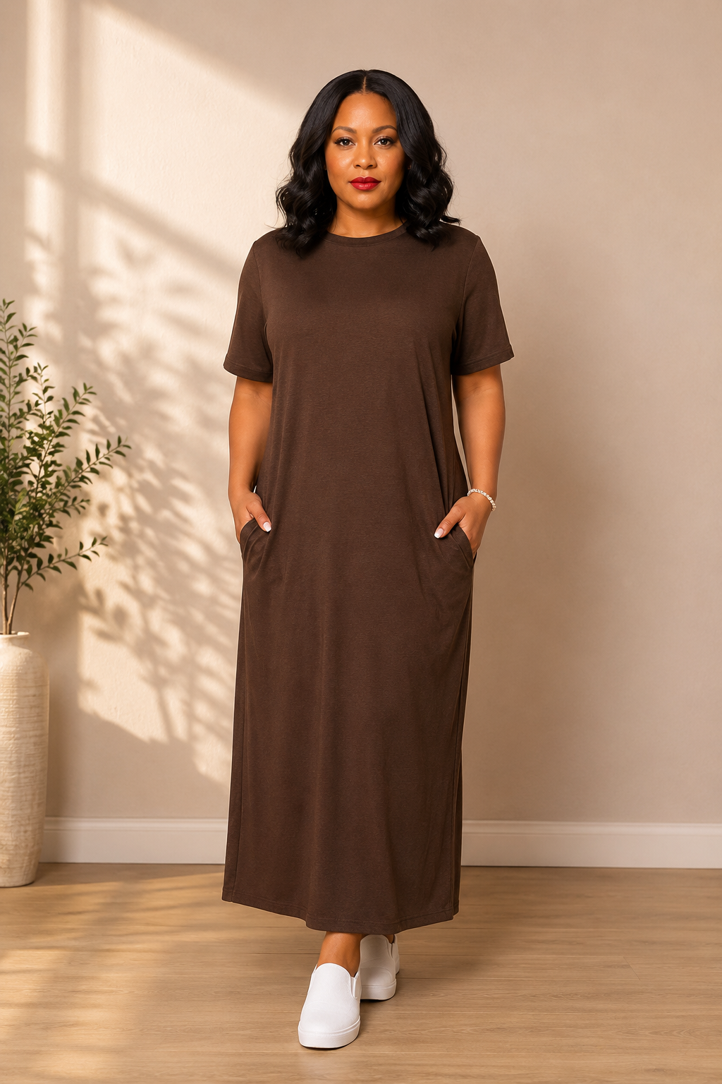 Woman wearing a brown dress standing in a room with a plant and wooden floor.