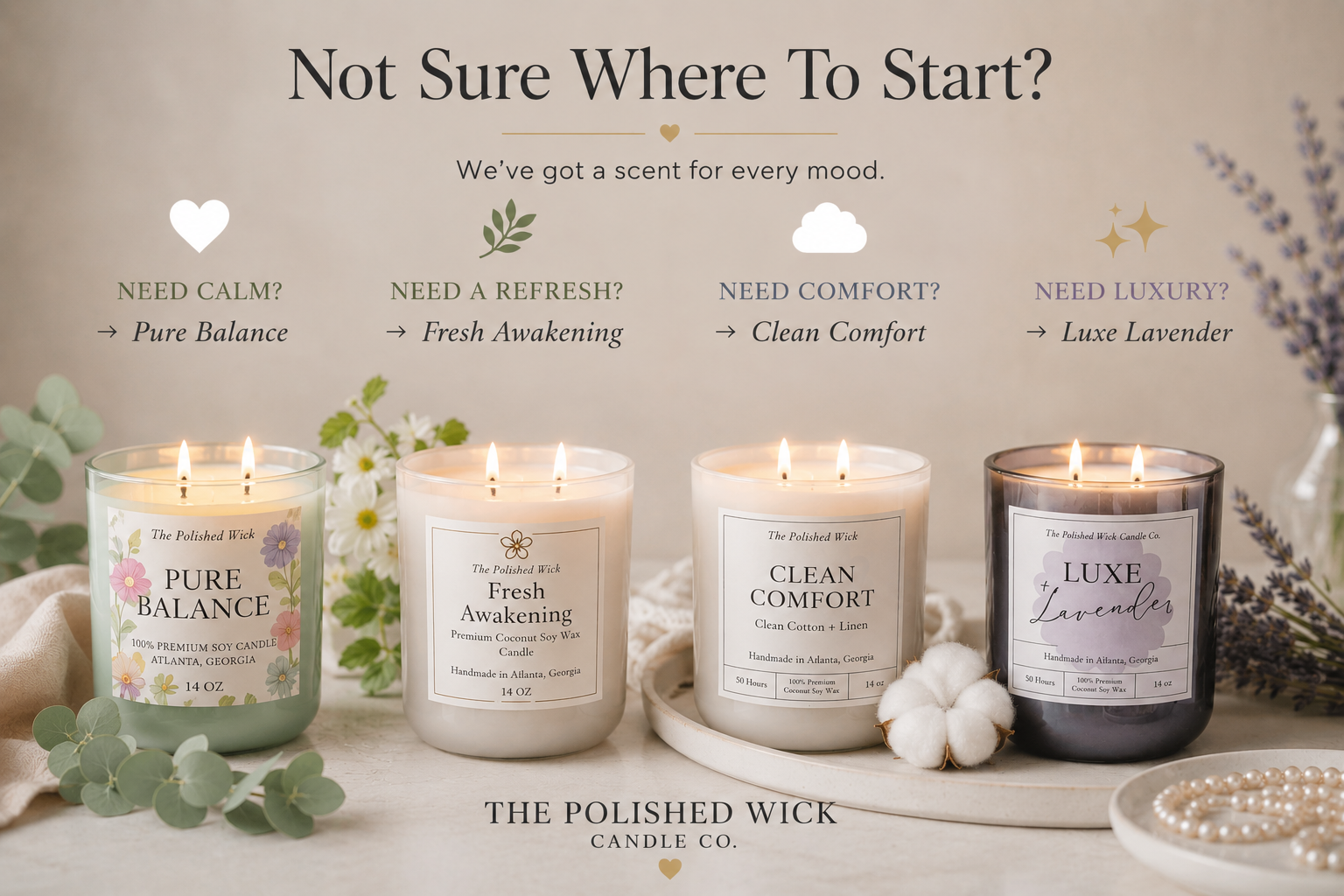 Four lit candles from The Polished Wick Candle Co. with labels and decorative elements on a neutral background.