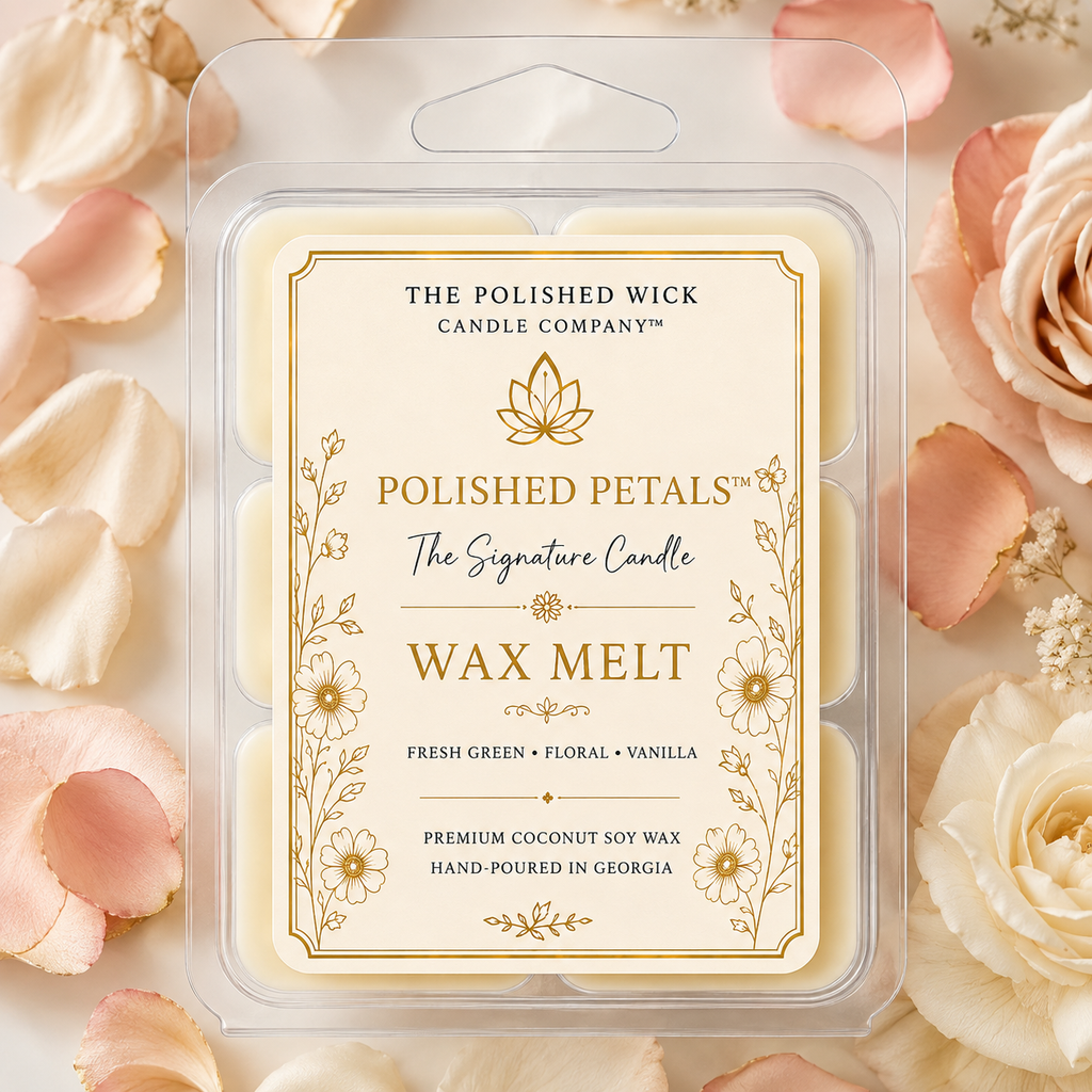 A clear plastic clamshell package of The Polished Wick Candle Company Polished Petals wax melt, surrounded by soft pink and cream rose petals. The label features elegant gold floral illustrations and text on a cream background.