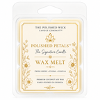 The Polished Wick Candle Company Polished Petals Wax Melt in a clear plastic clamshell package with a cream label and gold floral detailing.